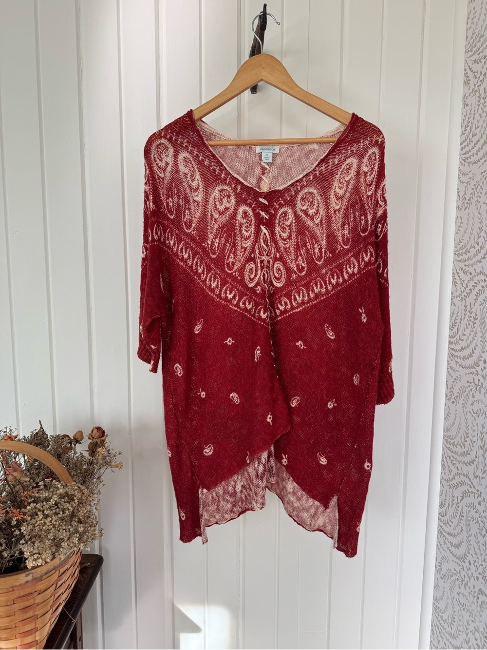 Sundance 100% Cotton Paisley Boho Tunic Sweater Red Cream
